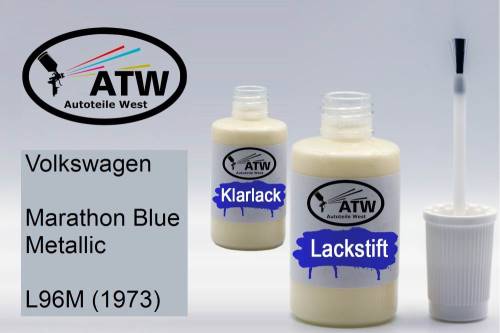 Volkswagen, Marathon Blue Metallic, L96M (1973): 20ml Lackstift + 20ml Klarlack - Set, von ATW Autoteile West.